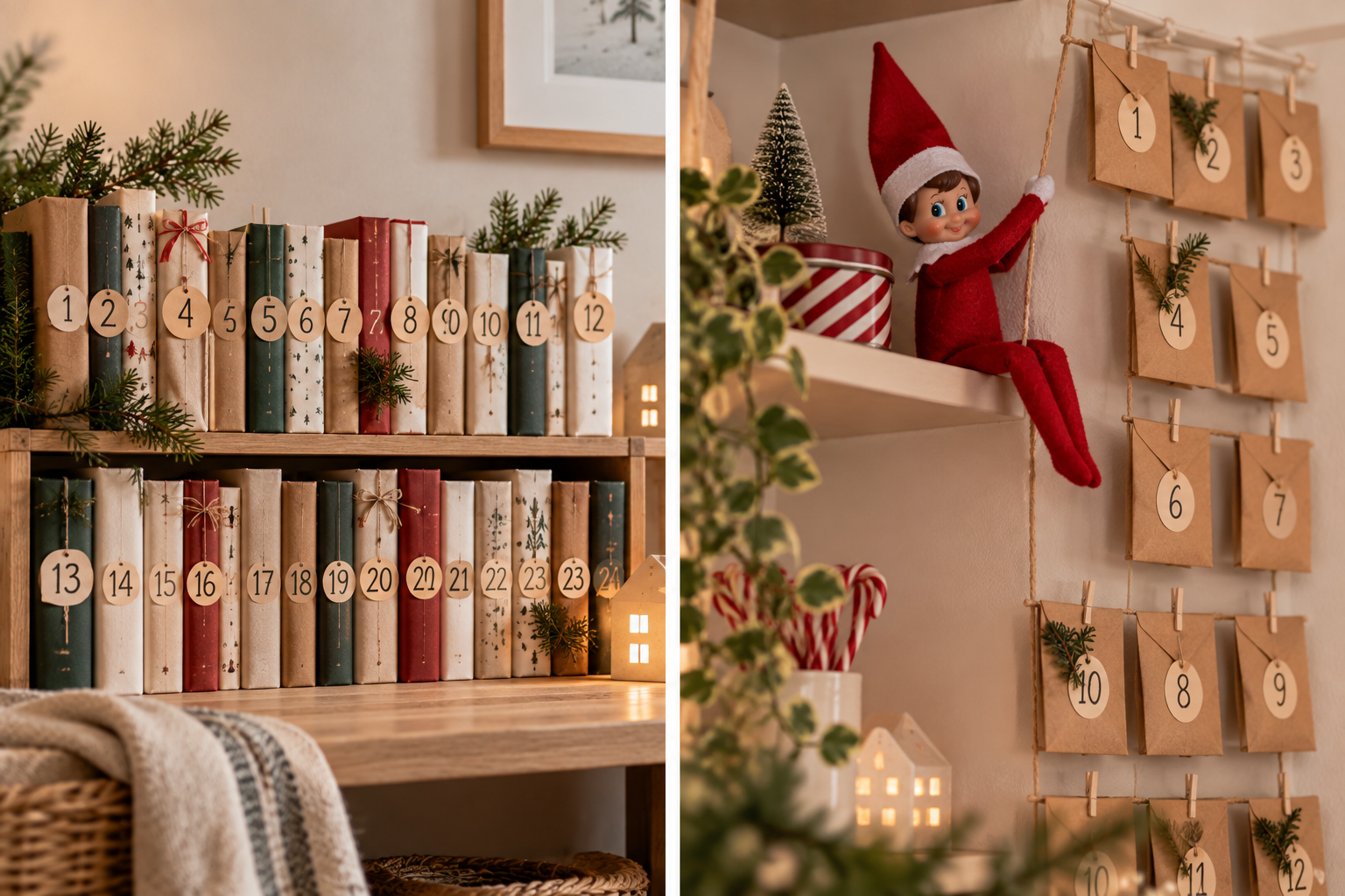 Nummererte bøker satt opp som en julekalender. Konvolutter og en rampenisse.